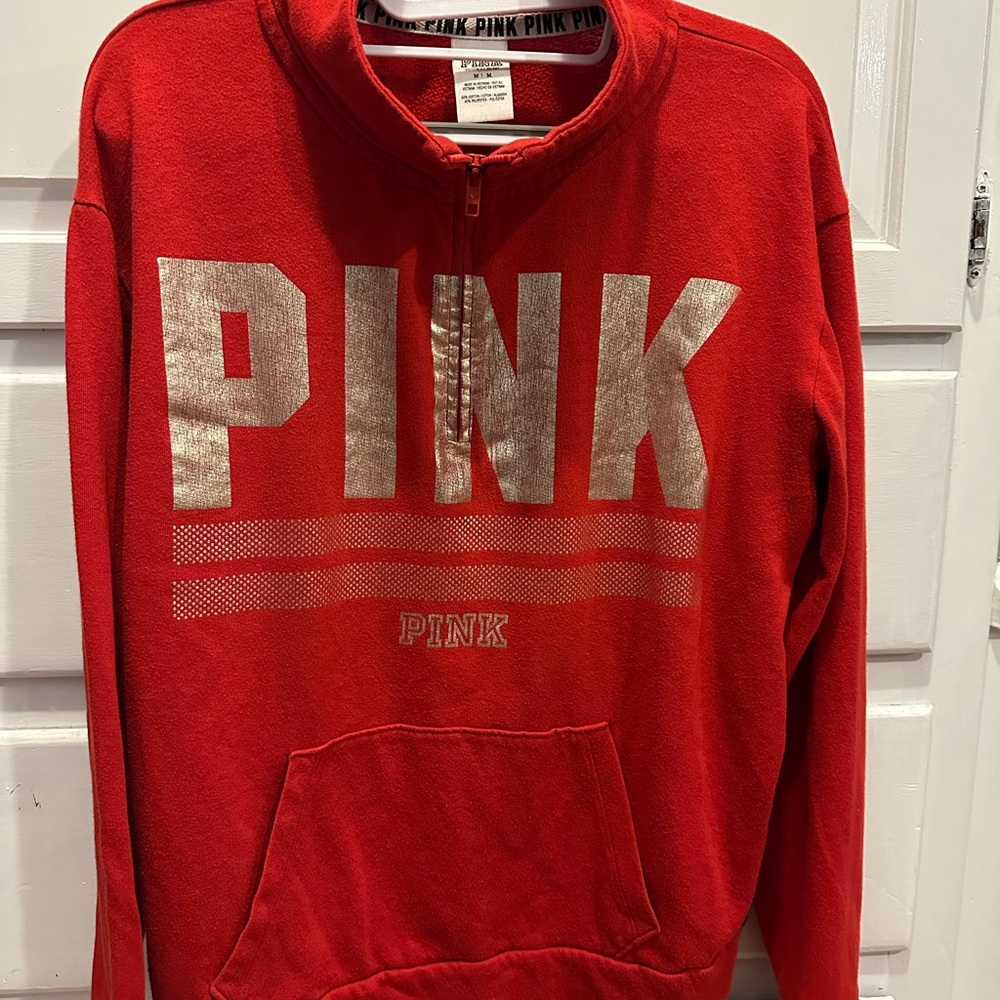 Victoria's Secret PINK Red Pullover Sweatshirt M 1/4 zip pre owned